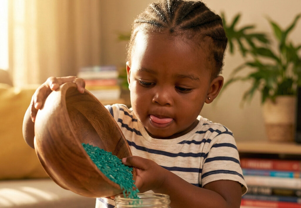 Toddler pouring teal coloured rice into a glass jar, South Africa.
