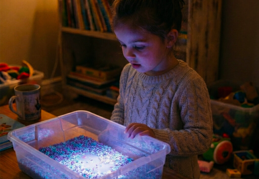  Child using a flashlight under blue and purple rice to make it glow.