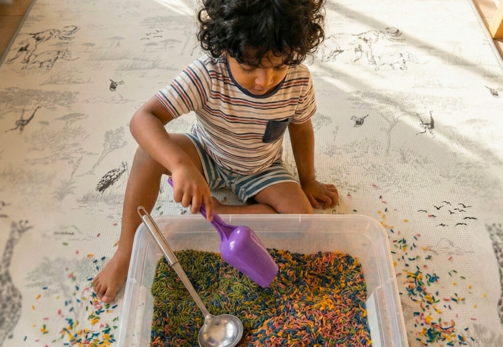 Toddler scooping multicolour rice with a large plastic scoop.