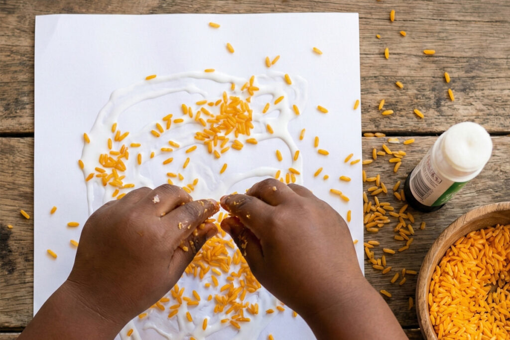 Toddler sprinkling orange rice onto glue shapes on white paper.