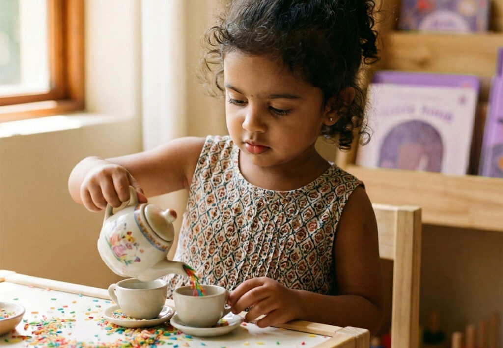 Toddler pouring rainbow coloured rice for a pretend tea party.