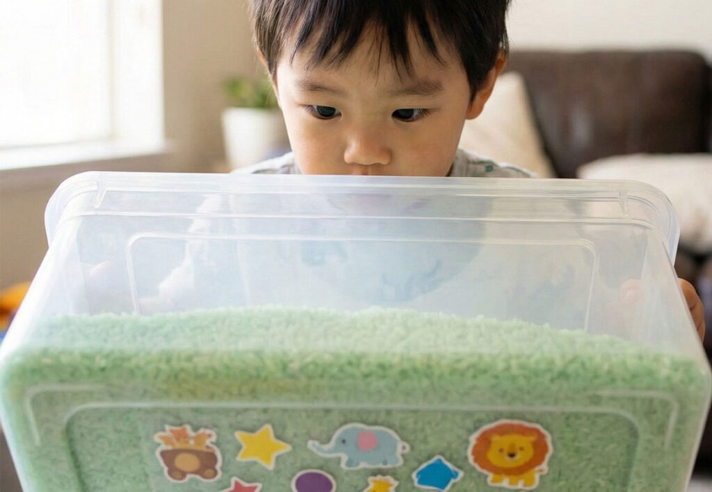 Toddler searching for stickers under green coloured rice in a clear bin.