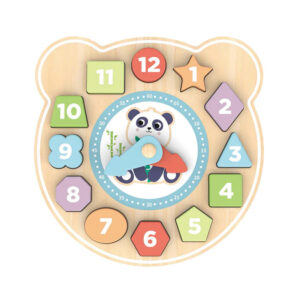 wooden clock puzzle for toddlers with colourful number blocks