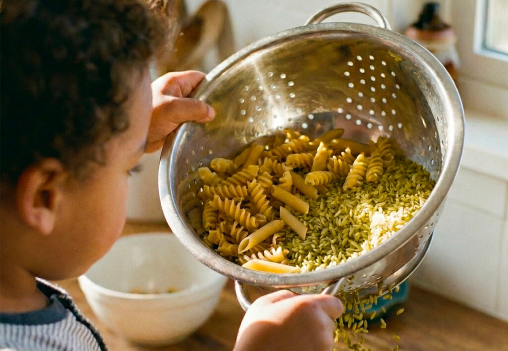 Toddler sifting yellow rice and pasta with a kitchen strainer.