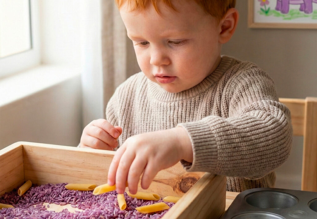 Toddler sorting pasta pieces out of purple rice using pincer grasp.